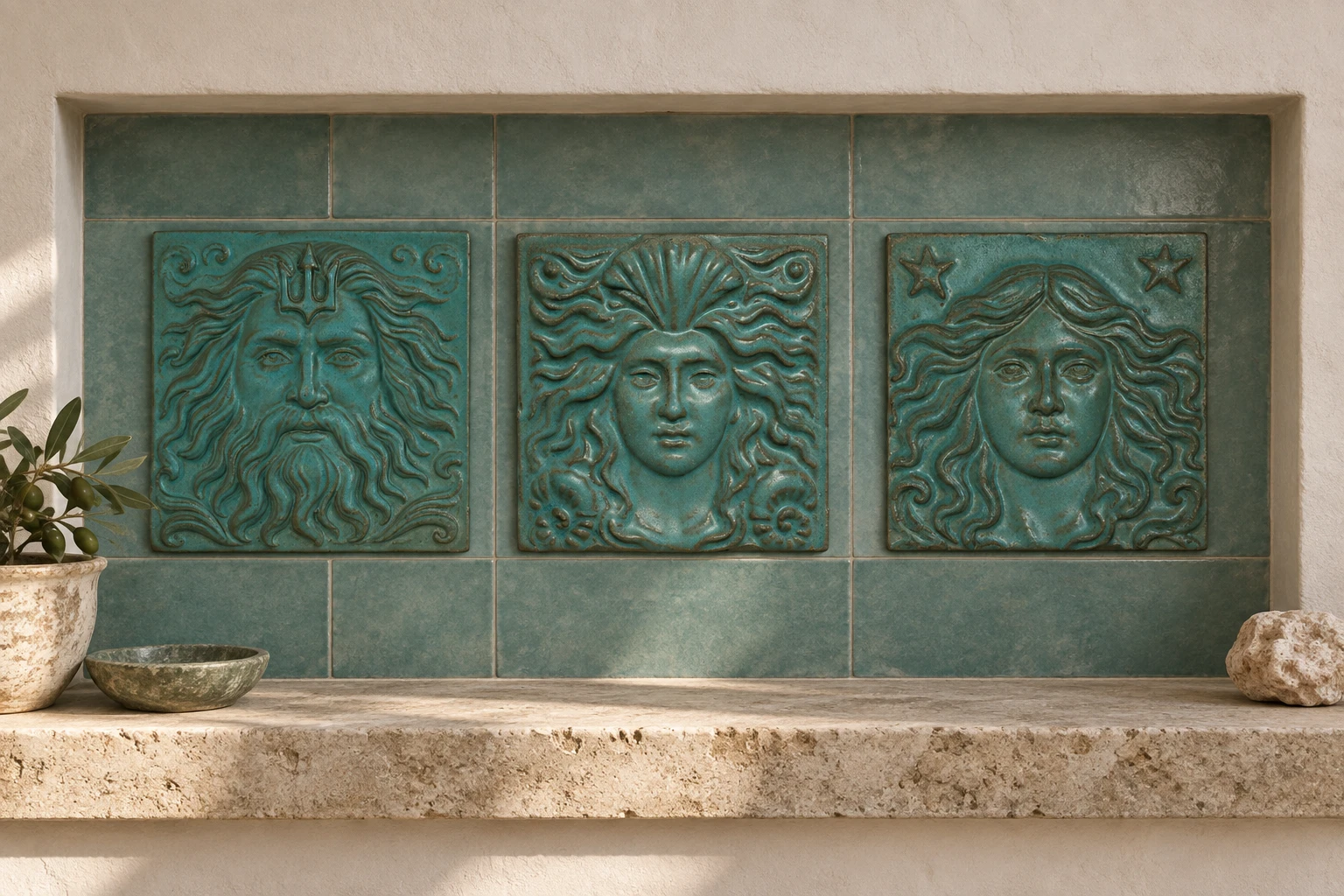 Gestaltungsbeispiel einer Wandnische mit den Reliefs Poseidon, Amphitrite und Nyx über einer Steinablage
