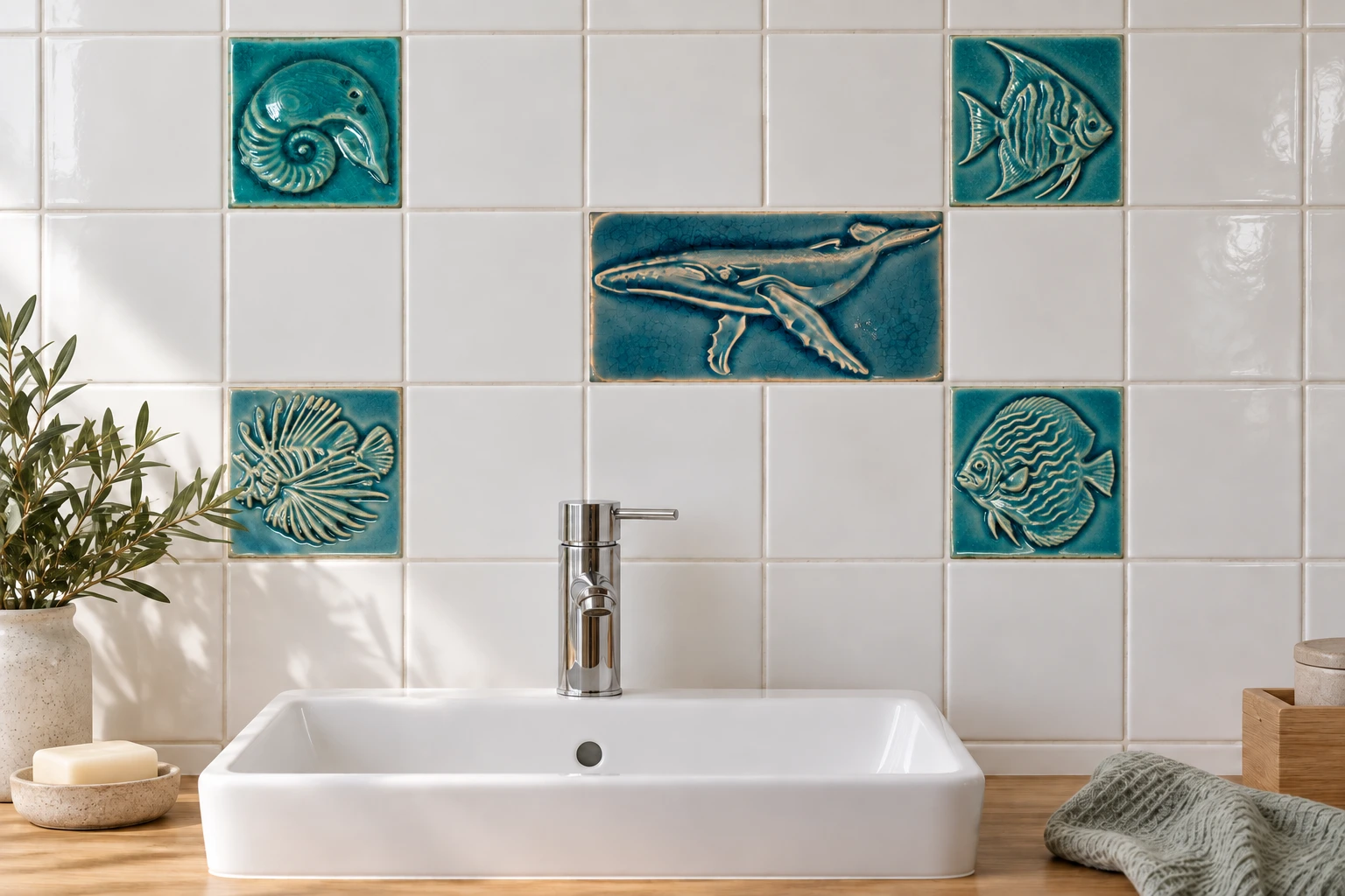 Gestaltungsbeispiel im Badezimmer: ein längliches Walrelief kombiniert mit quadratischem Nautilus, Diskusfisch, Skalar und Feuerfisch zwischen weißen Fliesen über einem Waschbecken