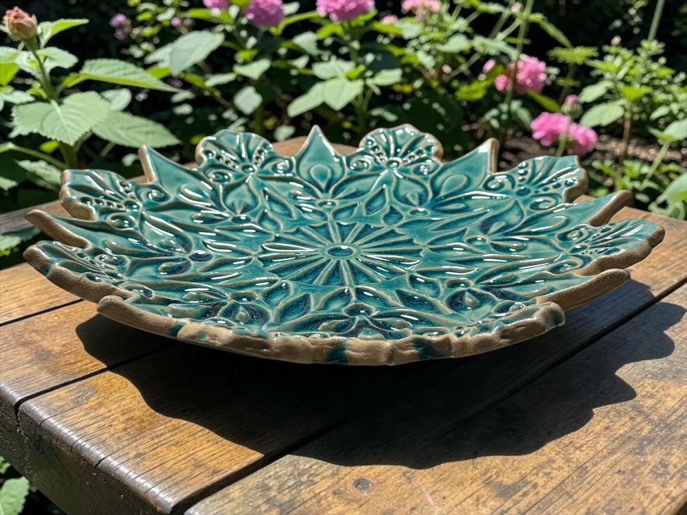 Türkise Mandala-Schale mit geschwungenem Rand auf einem Holztisch im Garten